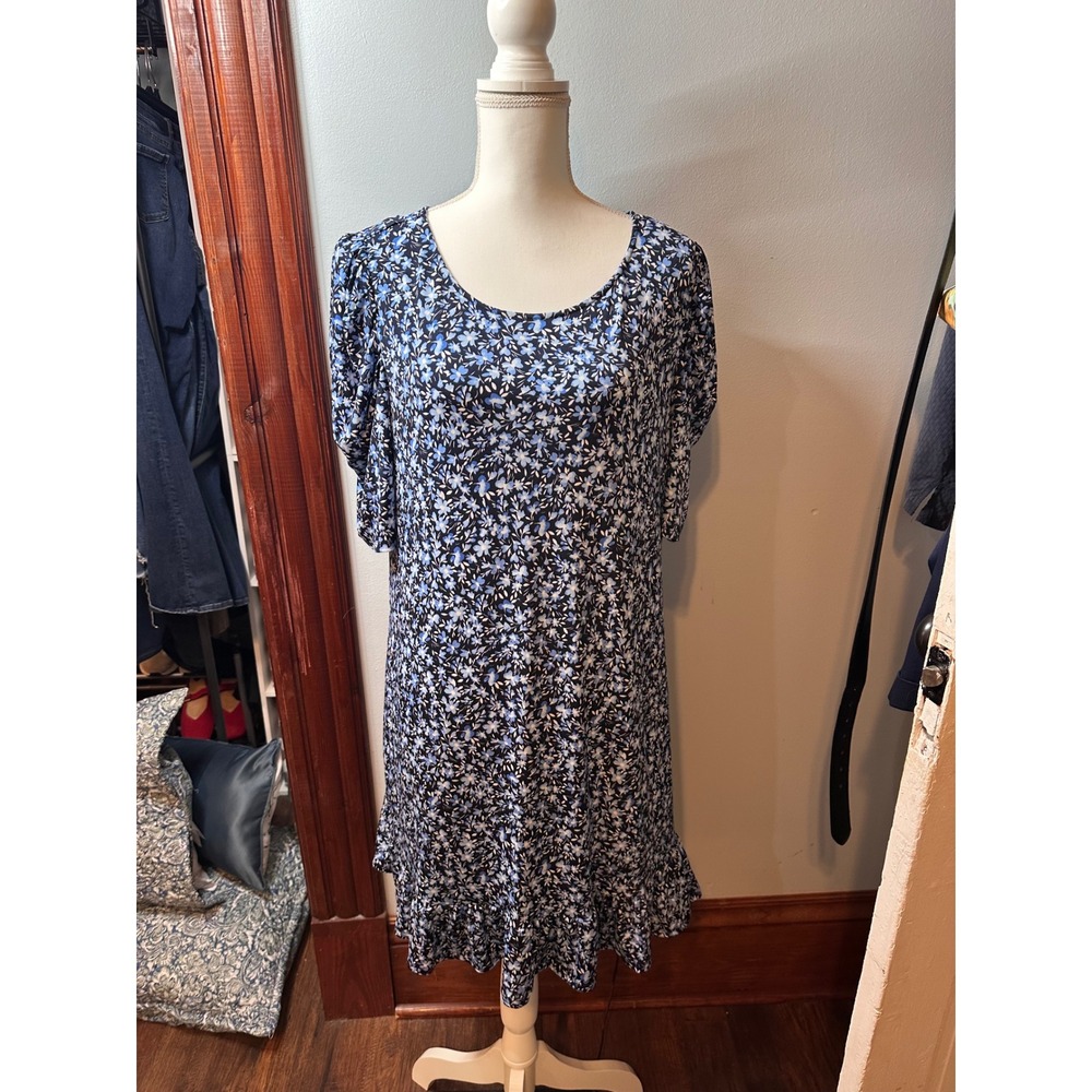 CeCe Blue Floral Puff Sleeve Ruffle Hem Shift Dress XL Womens Black Mini Scoop